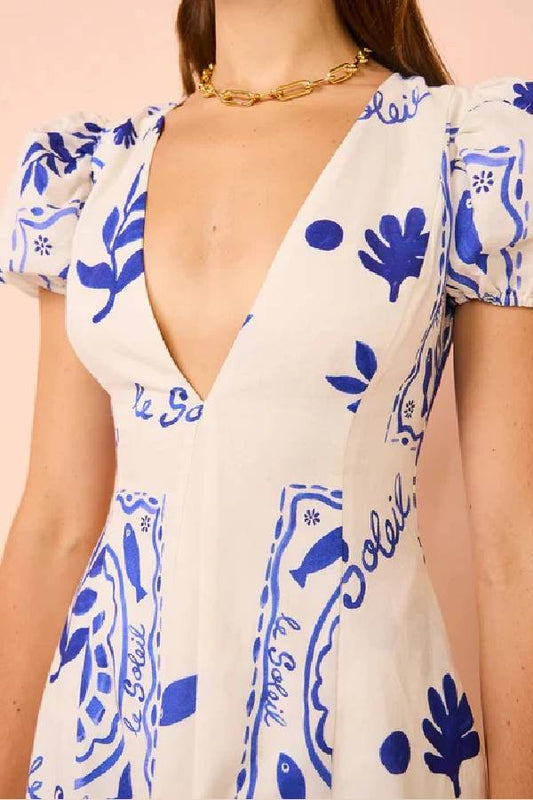 Vestido largo con bolsillos, mangas abullonadas y estampado único en mezcla de lino Embrace The Glamour