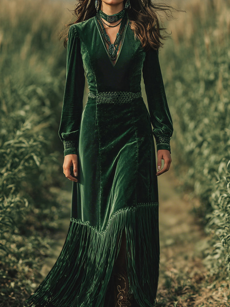 sheenchic Boho V Neck Long Sleeve Fringe Hem Velvet Maxi Dress