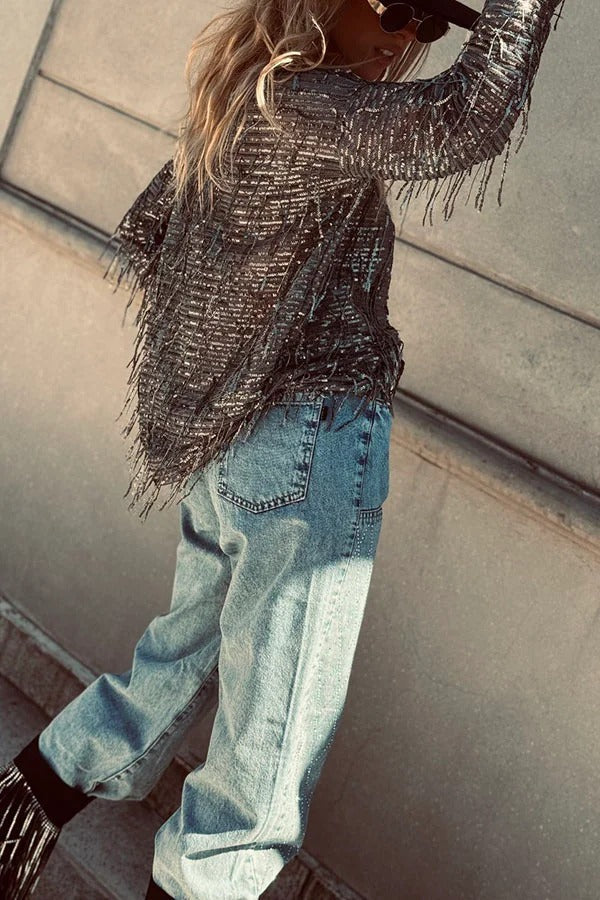Party Crasher Sequin Tassle Fabric Long Sleeve Loose Top