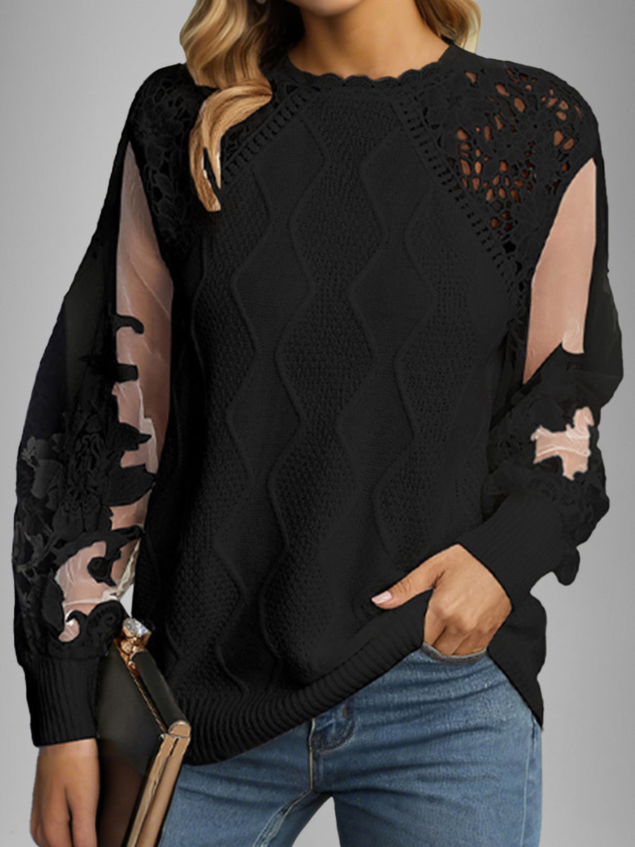 Daily Lace Blue Round Neck Lantern Sleeve Long Sleeve Embroidery Casual Contrast Knitted Blouses