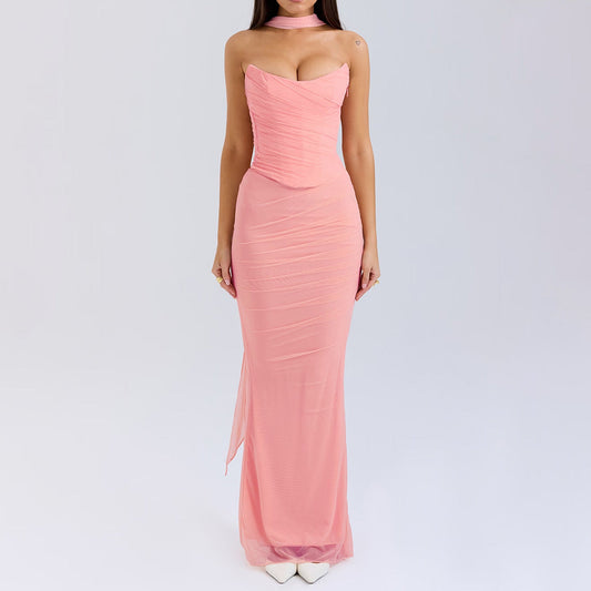 Pink Strapless Bodice and High Waist Skirt with Tie Set