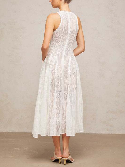 Elegant Hollow Lace Slim Sleeveless Swing Midi Dress