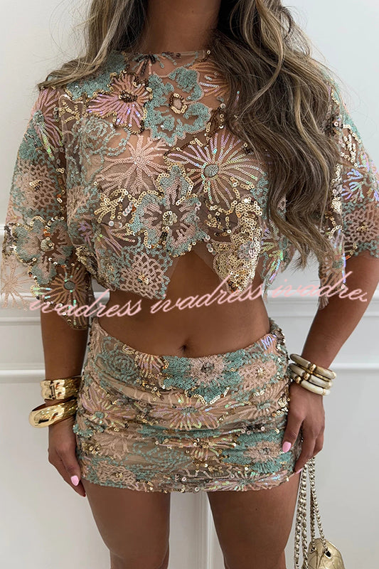 Fashionable Embroidered Flower Sequined Crop Top and Hip-hugging Mini Skirt Set