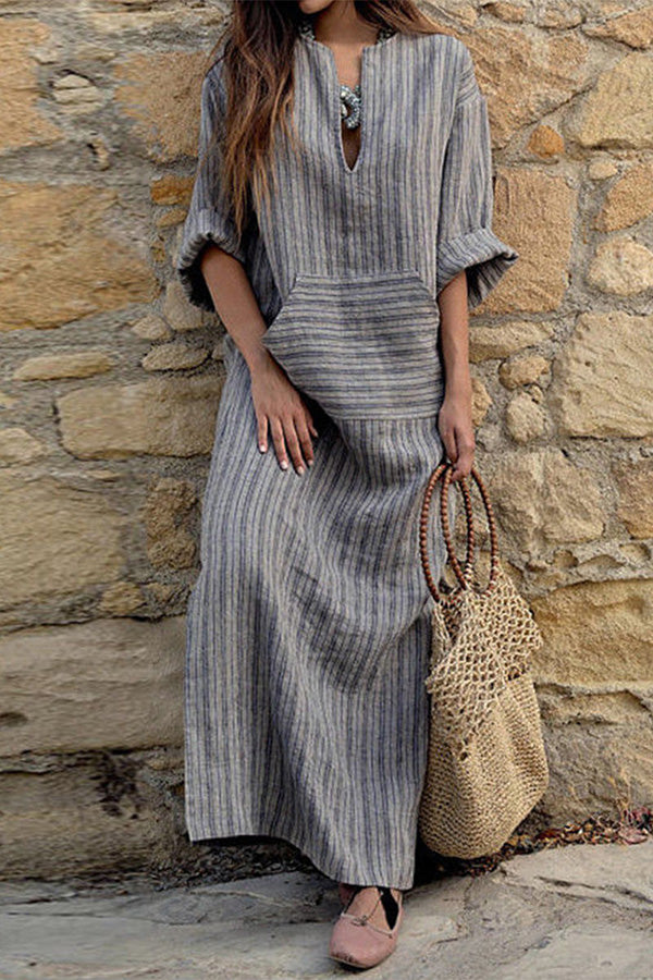 Vestidos casuales universitarios de rayas con cuello en V y falda de un solo paso (3 colores)