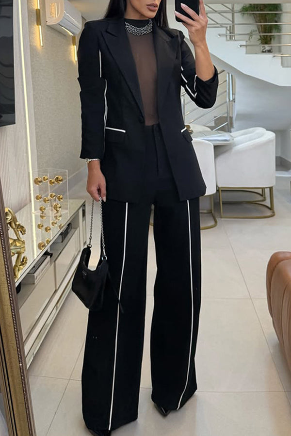 Solid Color Lapel Long-sleeved Blazer and Casual Straight-leg Pants Set