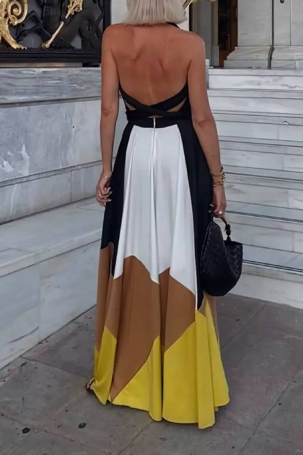 Colorblock Lace-up Backless Sexy Long Swing Dress