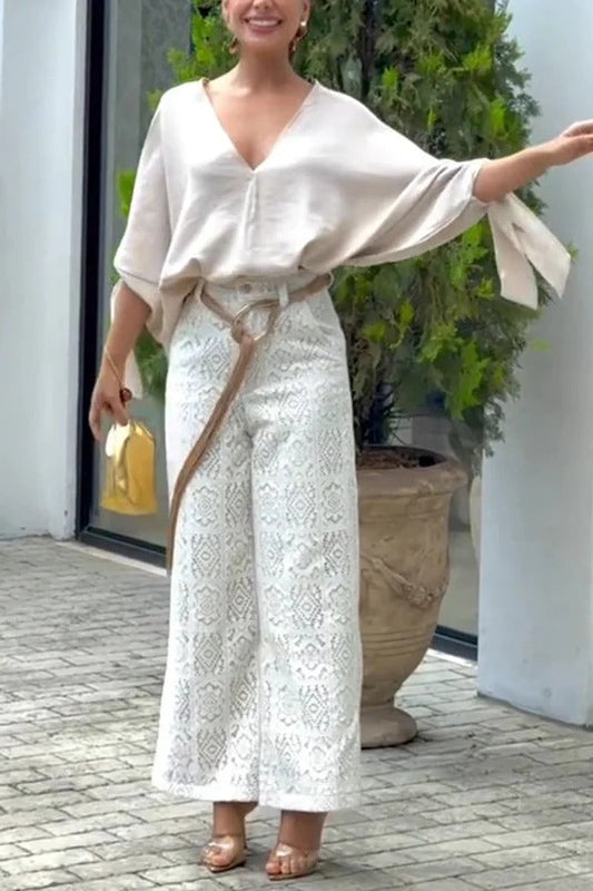 Joyful Bond Crochet Lace Mid Rise Pocketed Wide-leg Pants