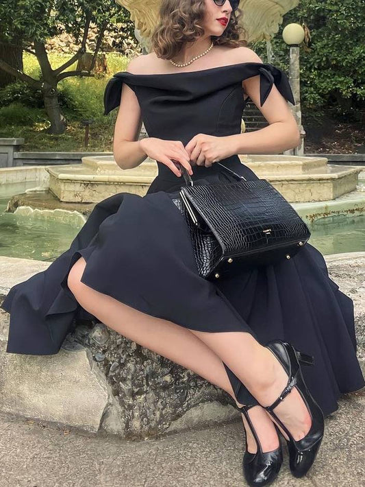 Off-shoulder Bow Design A- Line Skirt Midi Dress