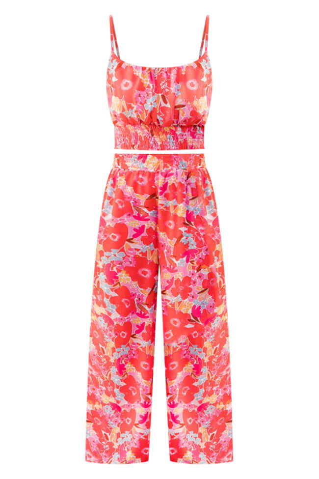 Boho Floral Two Piece Pant Set In Red Pappy