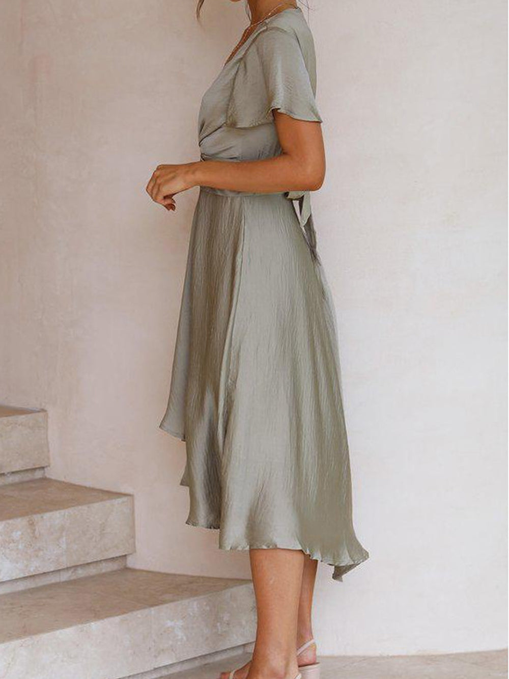 Sage Satin Maxi Wrap Dress: Twist-Front Cutout