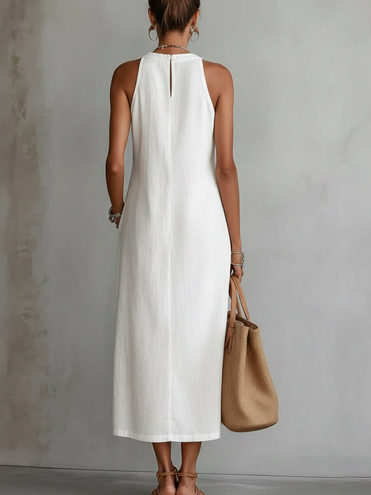 White Sleeveless Linen Midi Dress With Lace Insets And Side Slit