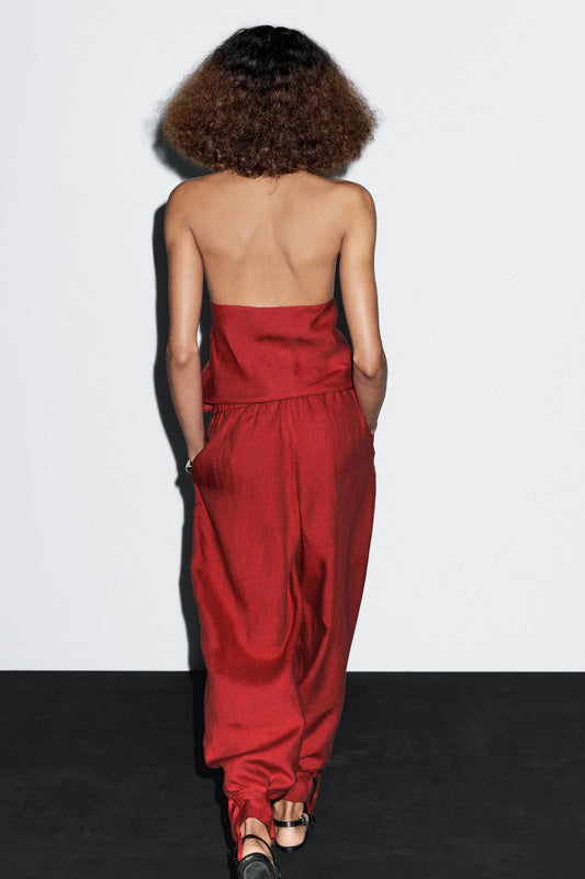 Crimson Halter Neck Asymmetric Top & Harem Pants Set