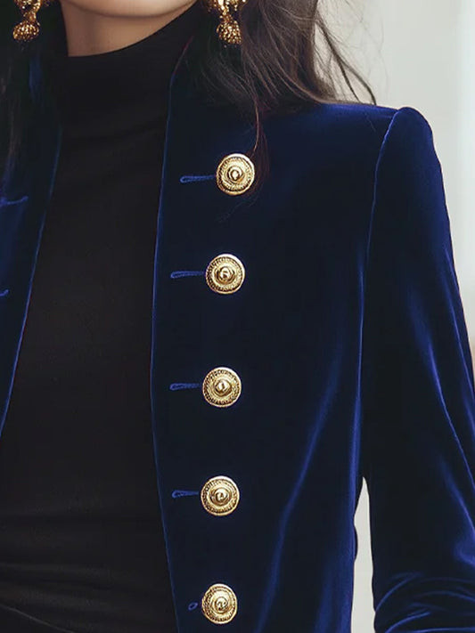 Chic Velvet Jacket with Bold Gold Accents