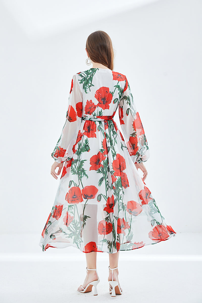 Fall Vacation V Neck Floral Belted A Line Maxi Dress