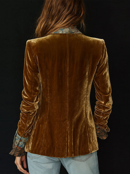 Vintage Lapel Polyester Velvet Floral Print Patchwork Blazer