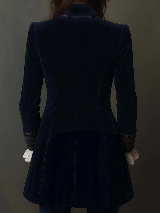 Business Casual Navy Blue Long Sleeve Embroidery Western Pocket Velvet Jacket