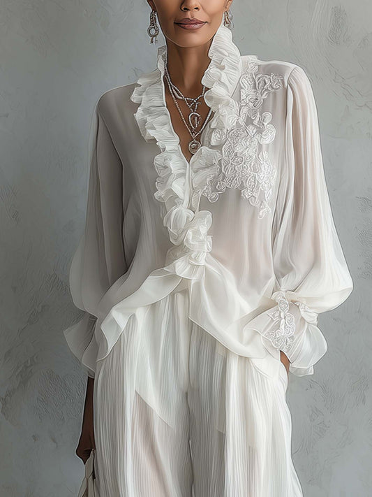 White Chiffon Embroidered Ruffle Blouse And Pleated Wide-Leg Pants Set