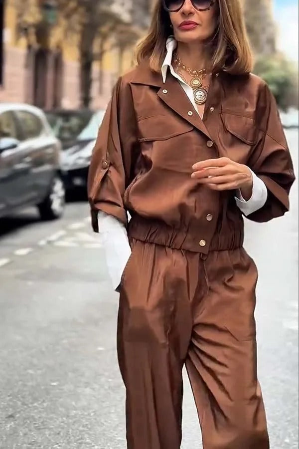 Street Charm Glossy Fabric Button Pocket Cargo Jacket and Elastic Waist Jogger Pants Set