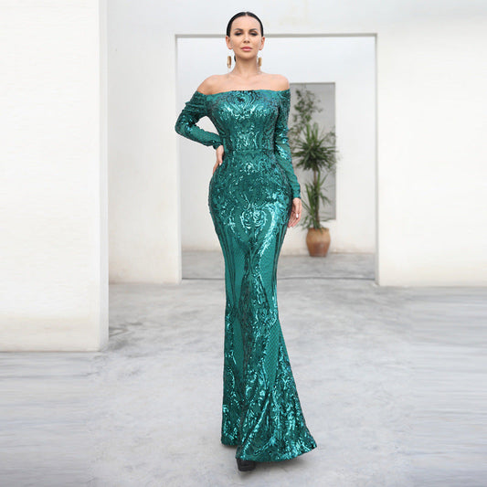 Cocktail Evening Dress off-Shoulder Long Sleeve Retro Sequined Fishtail Dress