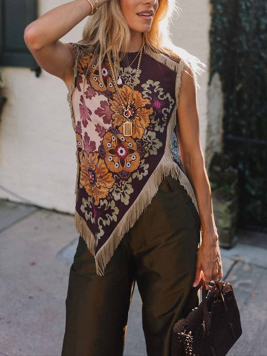 Unique Retro Floral Print Tassel Vest Two-Piece Set