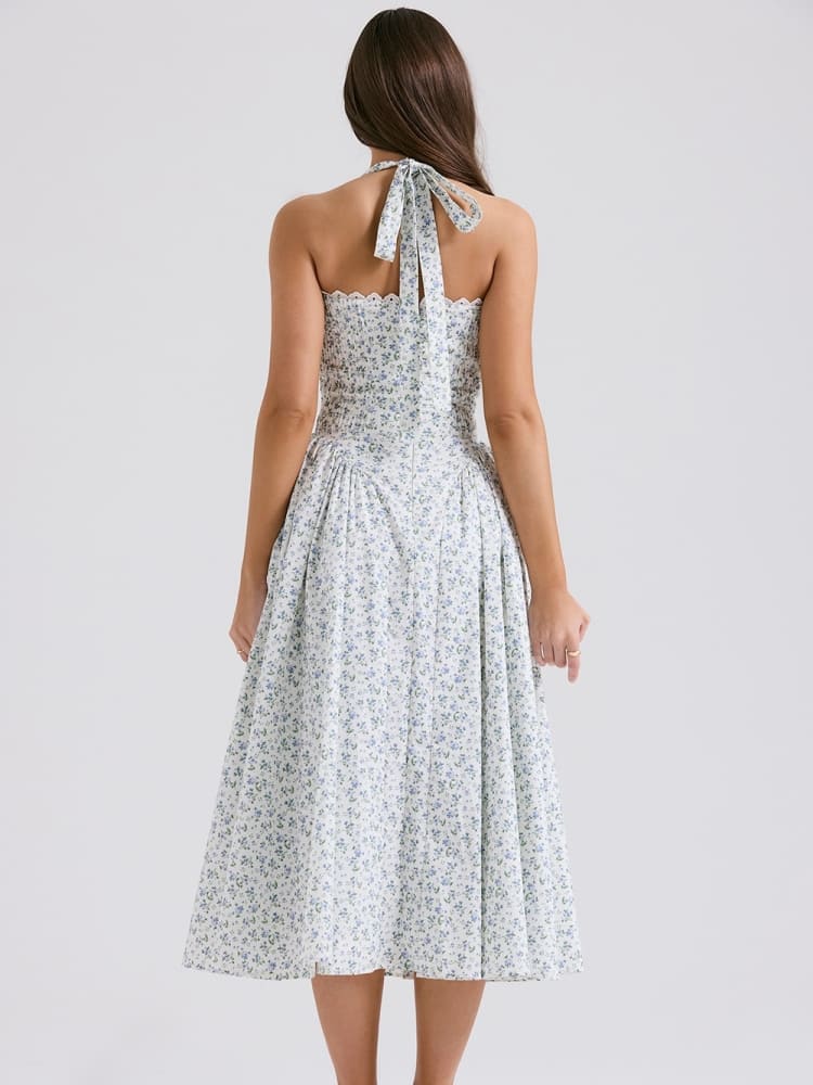 White Halter Backless Dress with Bluebell Floral Print