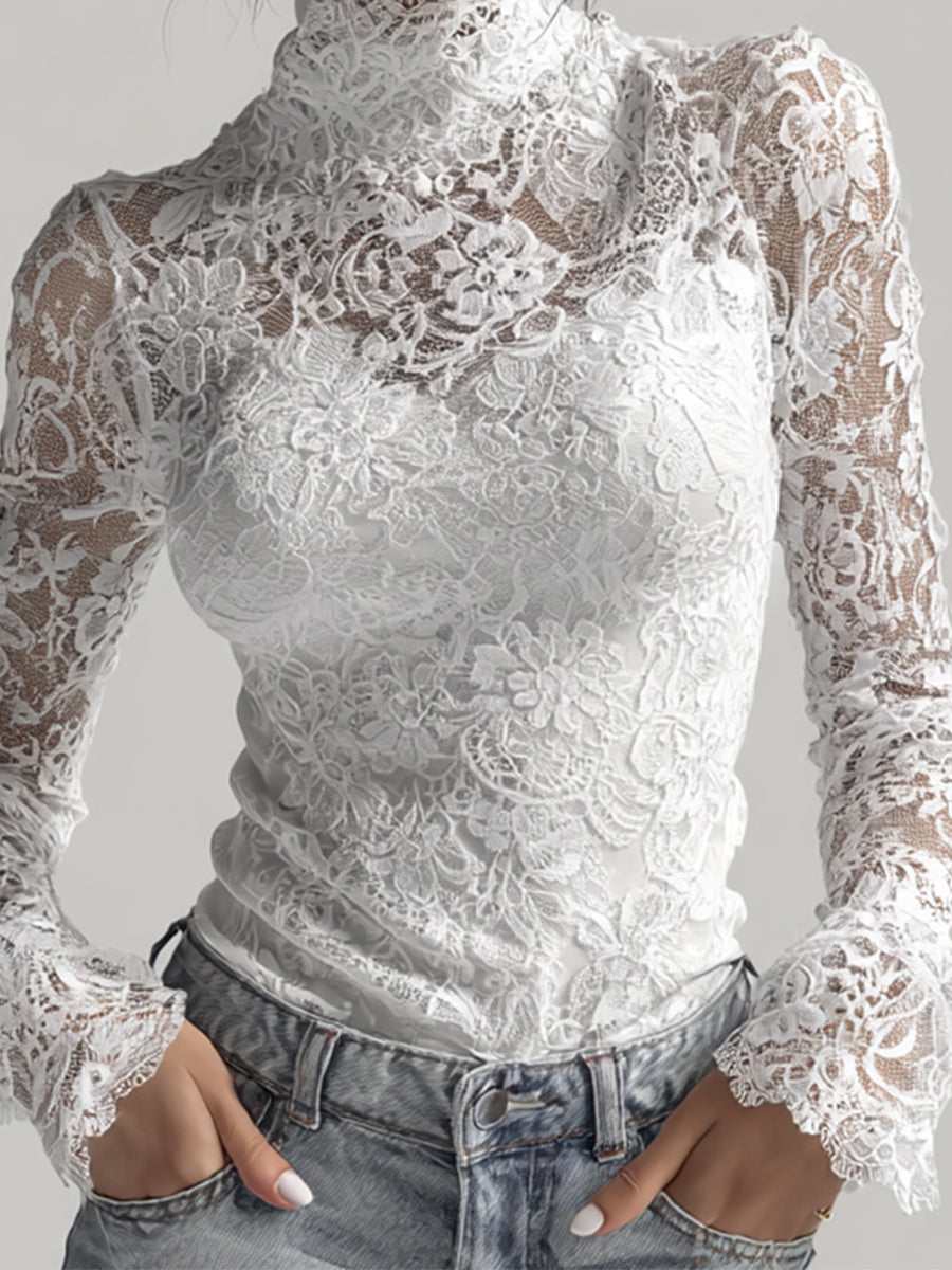 sheenchic White Sheer Lace High Neck Flare Sleeves Top & Camisole 2Pcs Set