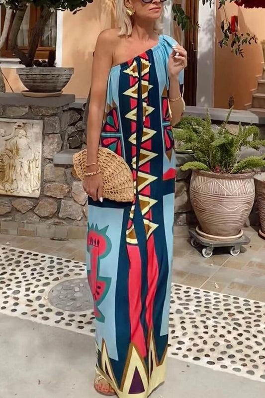 Color Boost Unique Print One Shoulder Bell Sleeve Pocketed Maxi Dress