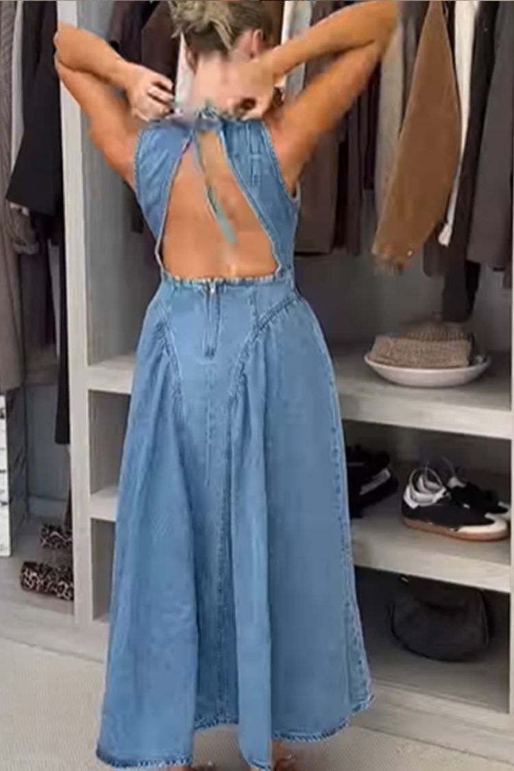 Vestido midi de mezclilla elástico, clásico y elegante, con espalda abierta y lazo en la cadera.
