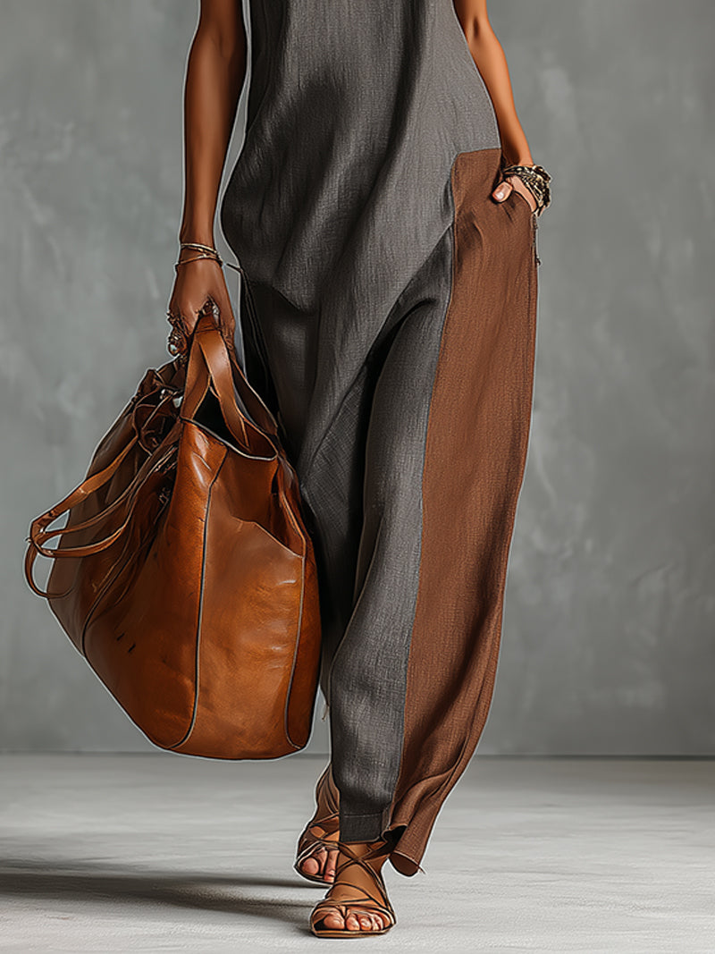 Colorblock High-Neck Sleeveless Linen Maxi Dress