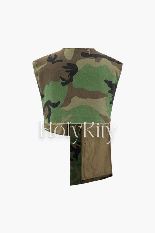 Camo Print Asymmetric Sleeveless Shirt
