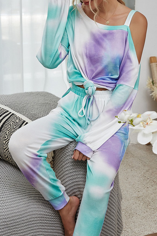 Casual Tie Dye Hollowed Out Patchwork Conventional Collar Long Sleeve Two Pieces