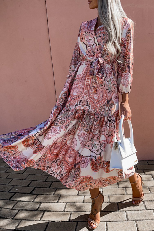 Casual Print V Neck Cake Skirt Dresses(3 Colors)