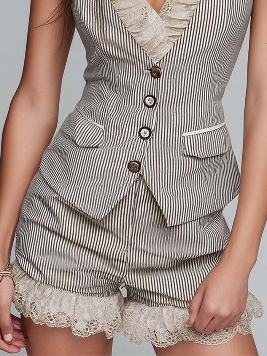 Pinstripe Tailored Vest & Shorts Set With Lace Trim