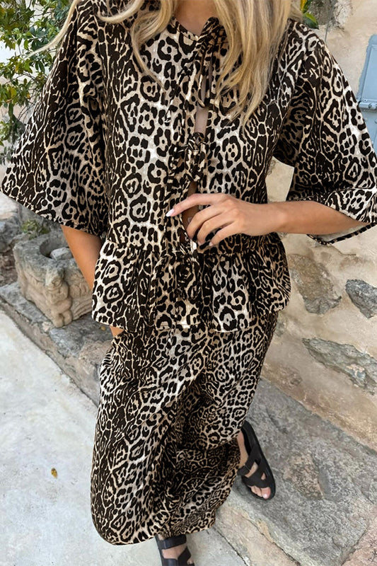 Casual Leopard Lace Up Contrast O Neck Short Sleeve Two Pieces
