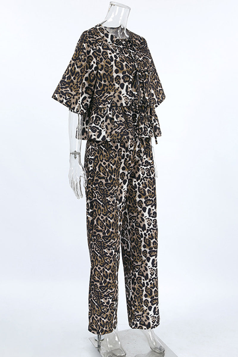 Casual Leopard Lace Up Contrast O Neck Short Sleeve Two Pieces