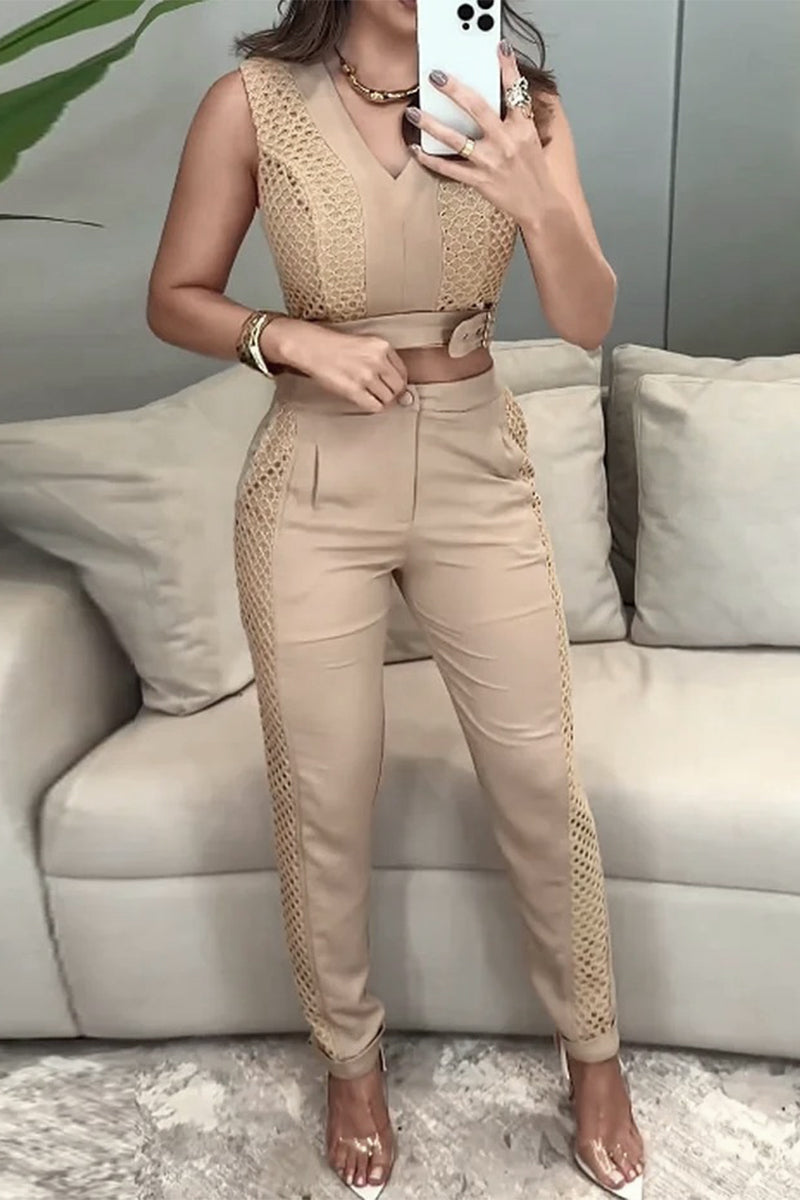 Casual Pocket Buttons Mesh V Neck Sleeveless Two Pieces