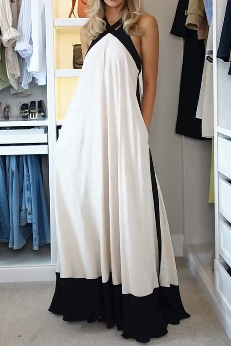 Casual Patchwork Contrast Halter Long Dresses