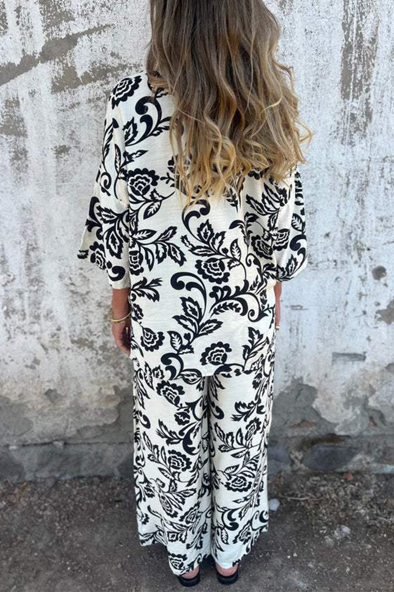 Casual Floral Print Pocket Contrast Turndown Collar Three Quarter Two Pieces