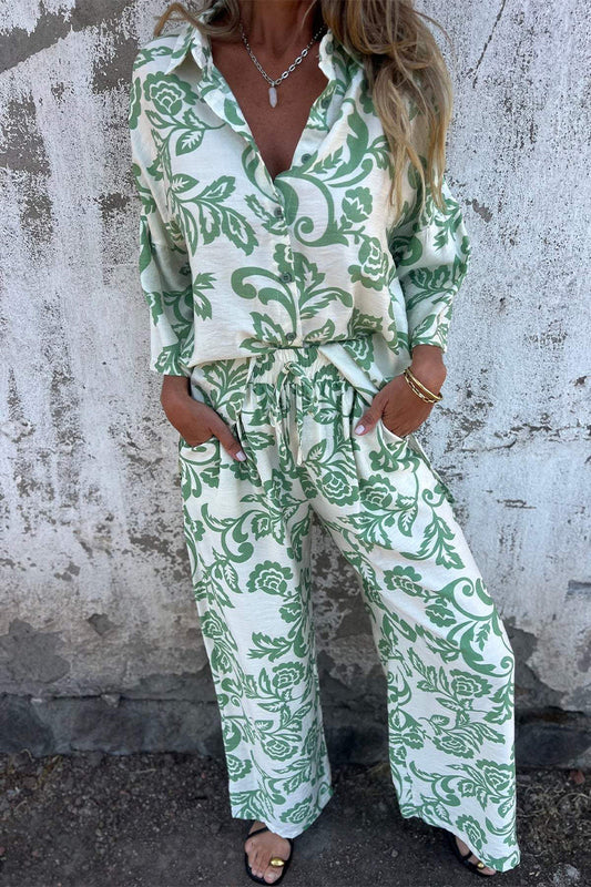 Casual Floral Print Pocket Contrast Turndown Collar Three Quarter Two Pieces