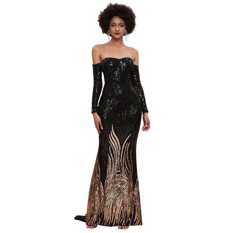 Black Tube Top off-Shoulder Annual Party Host Sequined Small Trailing Evening Dress Formal Gown