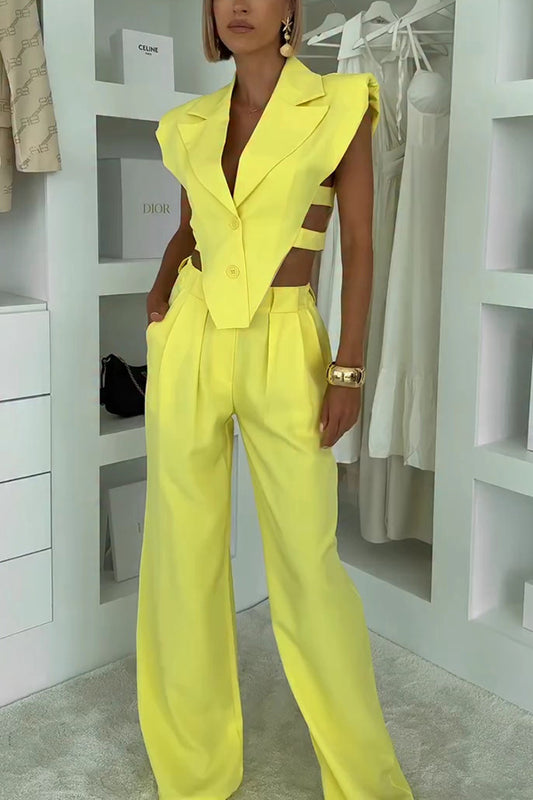 Fashion Style Lapel Waist-baring Irregular Vest and Elastic Waist Pocket Loose Pants Set