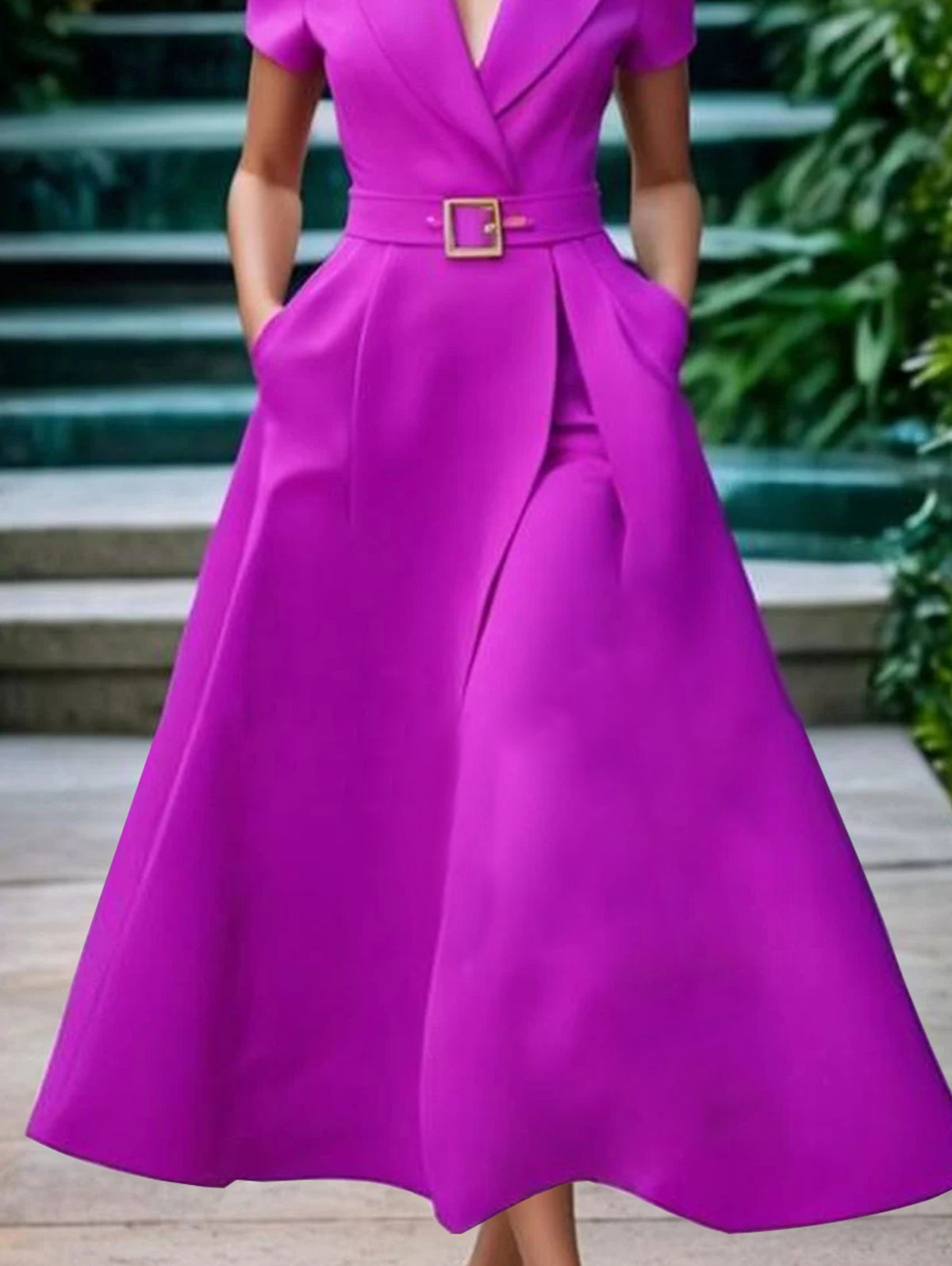 sheenchic Elegant Lapel Collar Belt Pocket Short Sleeve Midi Dress