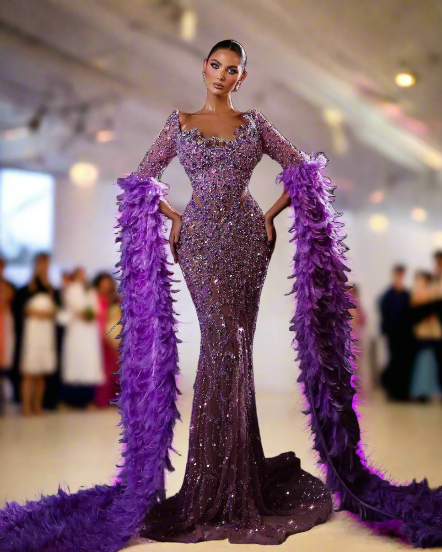 Mermaid Long Feather Sleeves Sequin Prom Dress