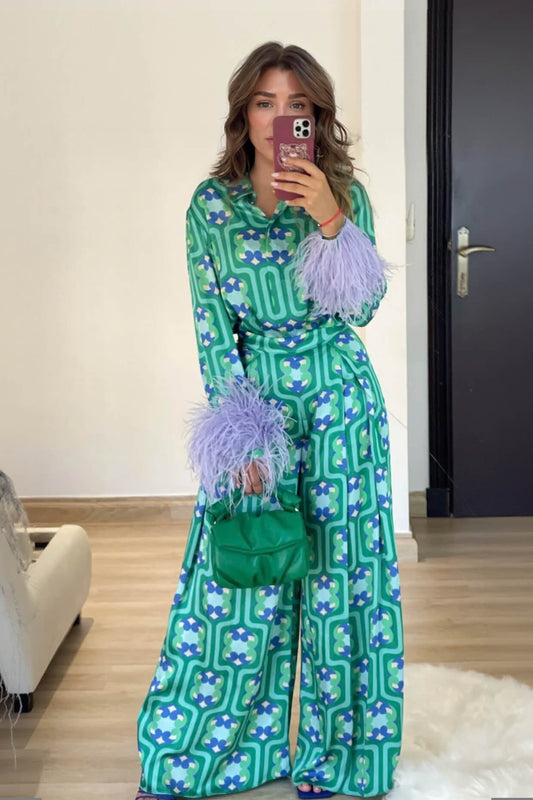 Fashionable Feather-Trimmed Printed Loose Shirt