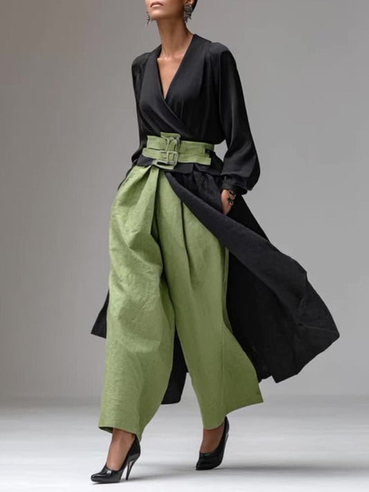 Casual V-neck Wrap-style Long Top Two-piece Set