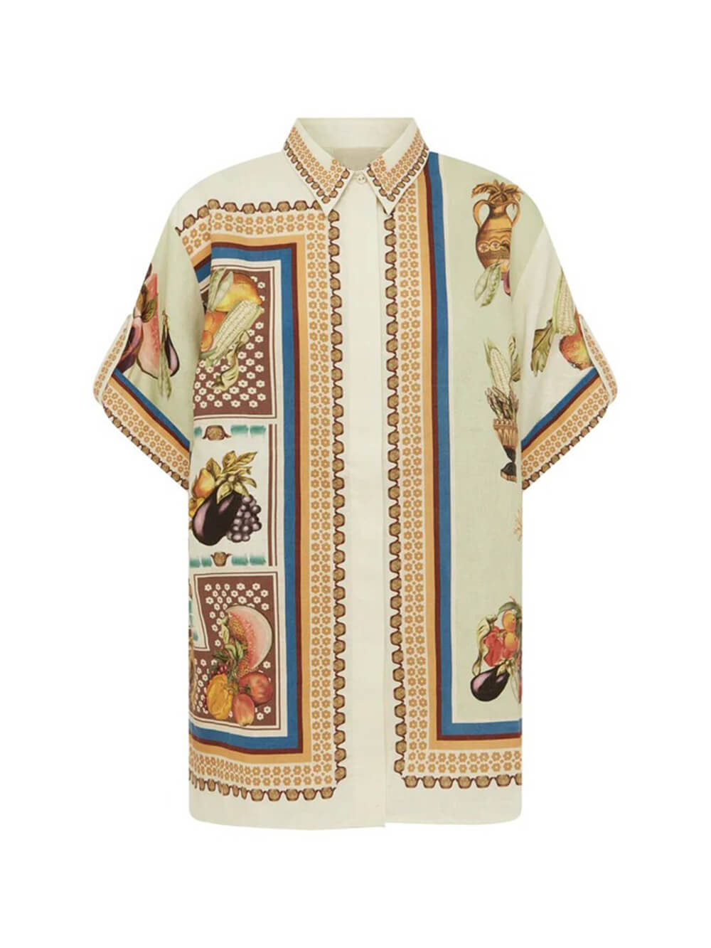 Unique Tropical Luxe Satin Fruit Print Loose Button-Up Shirt