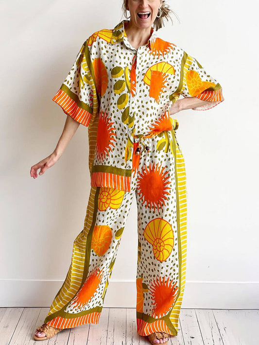 Casual Unique Satin Sun Print Loose Button Down Oversized Shirt