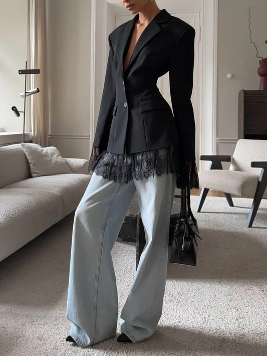 Casual Lace Hem Detail Black Blazer