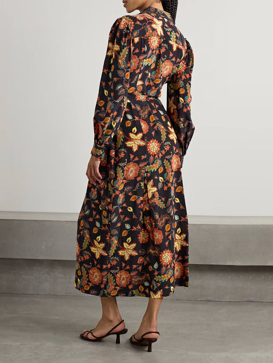 Unique Tie-Front Printed Satin Midi Dress