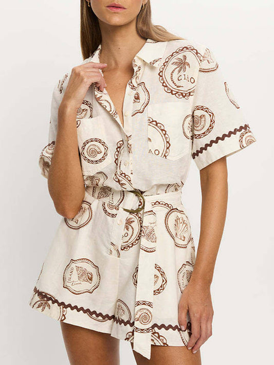 Elegant Lace-Up Linen Shell Print Cardigan Jumpsuit